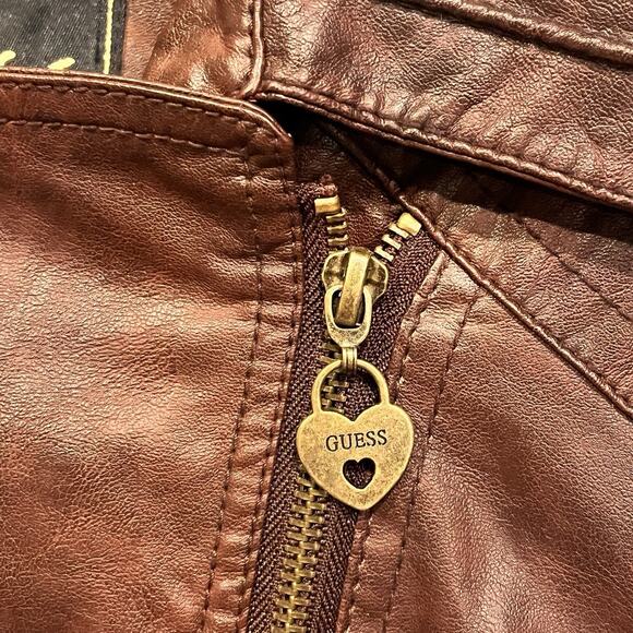 Guess Brown Moto Jacket Womens Medium Vintage Lined Zip Sleeves Pockets - Picture 11 of 15